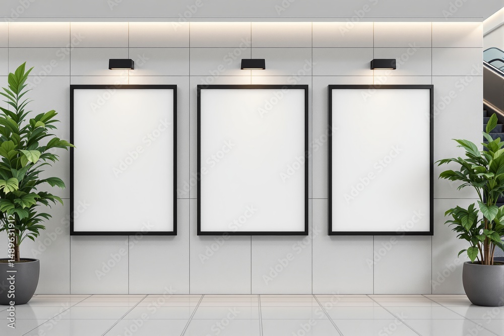 Poster minimalist indoor scene with three blank poster frames on a tiled wall, surrounded by potted plants 