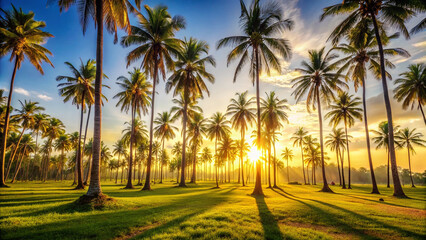 Fototapeta premium Palm Tree Grove with Sunlight Bursting Through, Blue Sky and Tropical Landscape