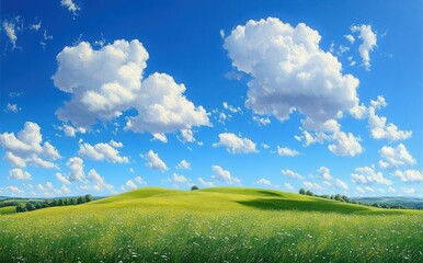 Bright sunny day with fluffy white clouds over a vast green grassy meadow sprinkled with wildflowers and rolling gentle hills in the distance