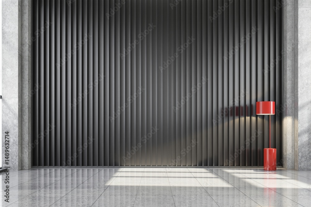 Poster interior scene showing modern architecture with vertical panel feature wall, glossy marble floor, re