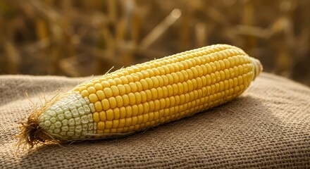 Fresh Corn on the Cob on Burlap with Field Background