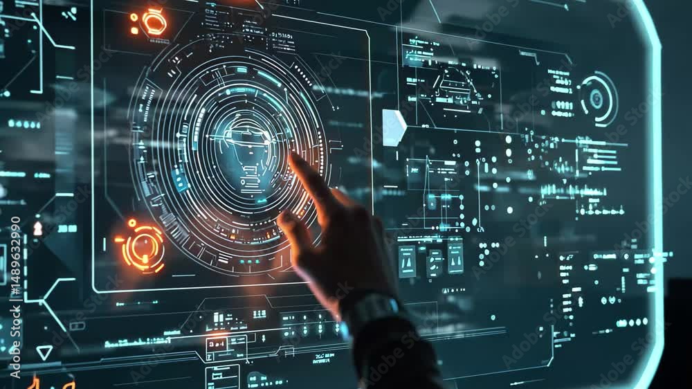Poster futuristic ai interface features advanced digital touch interaction in a sleek tech environment, fut