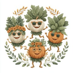 Playful Cartoon Pumpkins and Onions in a Fall Wreath