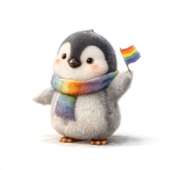 Fototapeta premium Cute penguin with a rainbow flag and scarf, celebrating diversity.