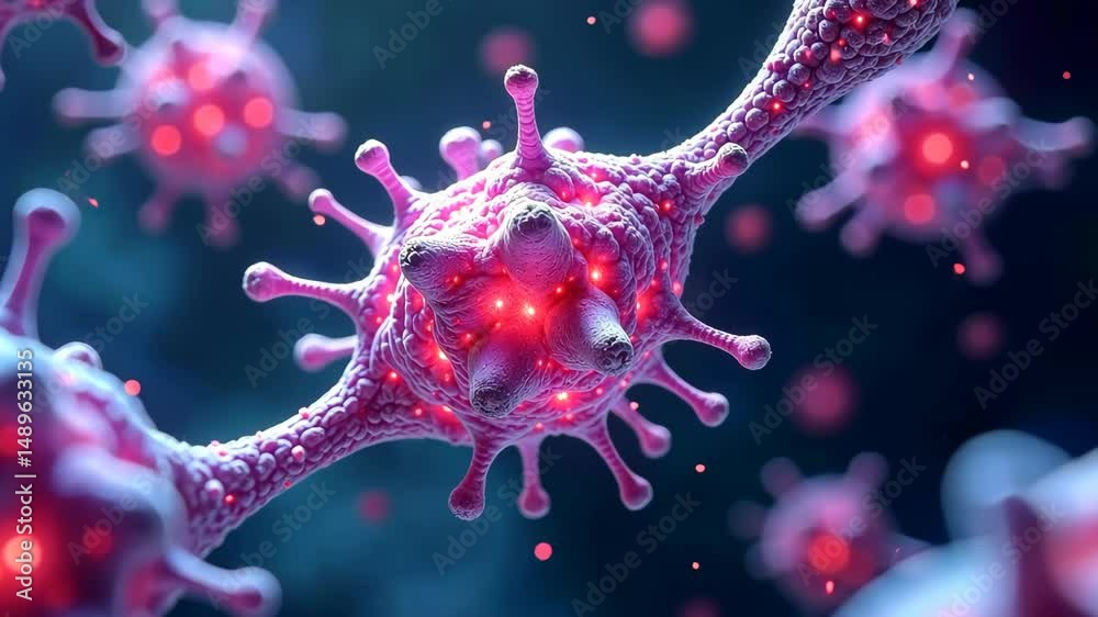 Aufkleber microscopic view of pink organisms with red glowing centers and connecting filaments