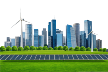 PNG Sustainable urban landscape with wind turbines and solar panels in a modern cityscape
