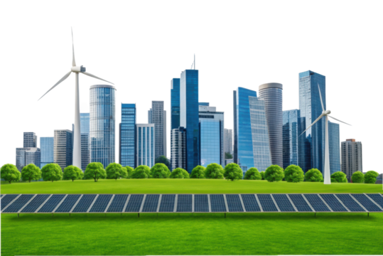 PNG Sustainable urban landscape with wind turbines and solar panels in a modern cityscape