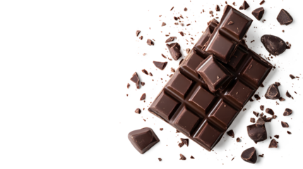 A chocolate bar with a few pieces missing. The chocolate is broken into small pieces and scattered on a white background