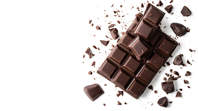 A chocolate bar with a few pieces missing. The chocolate is broken into small pieces and scattered on a white background