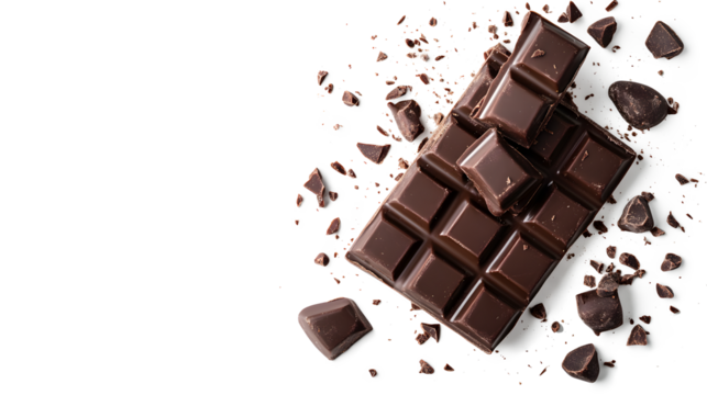 A chocolate bar with a few pieces missing. The chocolate is broken into small pieces and scattered on a white background