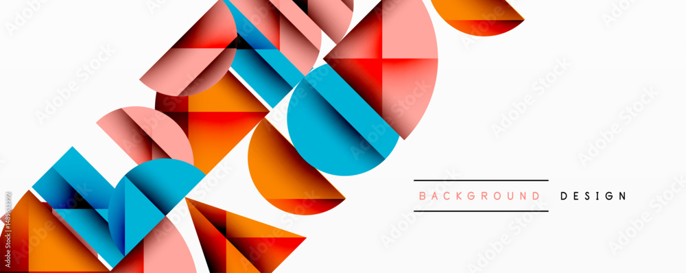 Poster abstract geometric shapes overlap, creating vibrant colorful design. white background provides clean
