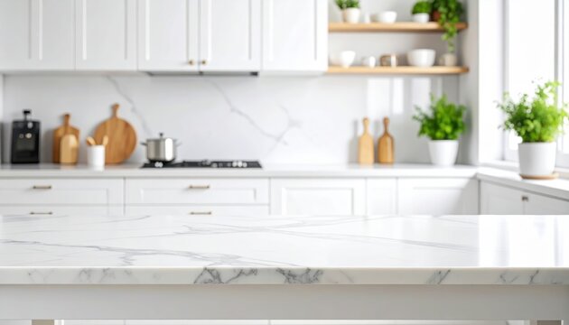 Close up of a marble table top in a white modern kitchen with built in cabinets and a counte ()