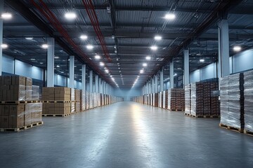 Spacious and well-lit modern warehouse interior with neatly stacked pallets of goods on both sides and a long clear central aisle reflecting ceiling lights