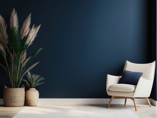 A single seat armchair with a dark blue accent pillow