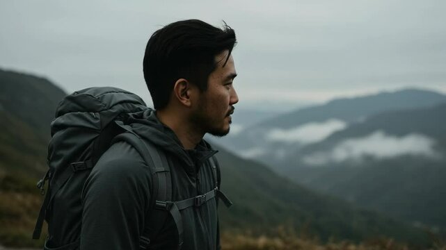 Focused Male Hiker with Gray Backpack Contemplating Scenic Mountain View in Overcast Skies Amidst Lush Greenery and Misty Hills