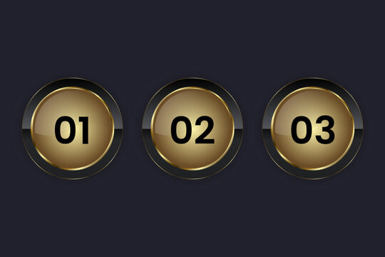 Three Luxury circle buttons vector on dark background used for web UI design, Set of three dark premium High level buttons for Infographic process, vector illustration