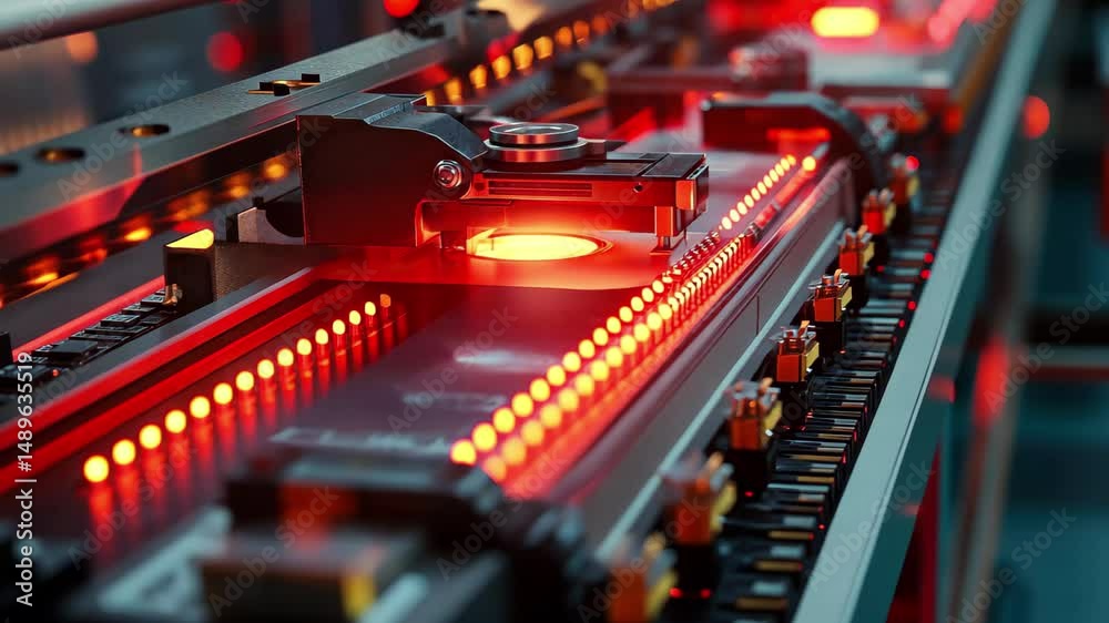Poster closeup view of an automated production line highlighting glowing components in a hightech environme