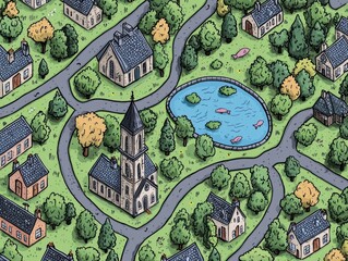 Obraz premium Colorful illustration of a quaint village with houses and scenery