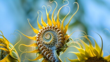 Close-up of fantasy sunflower resembling nautilus shell spiral, Concept of surrealism, botany
