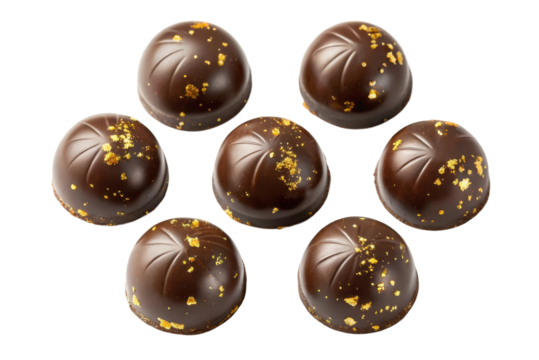 PNG Gourmet artisan dark chocolate truffles with gold leaf sprinkles on black background