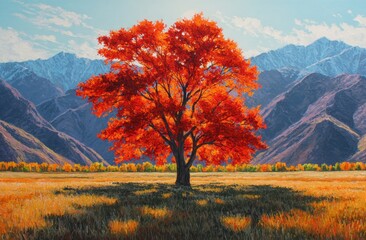 Autumn landscape with red tree and mountains
