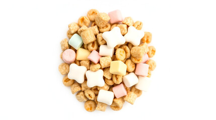 Frosted toasted oat cereal with fun shaped marshmallows on white background.