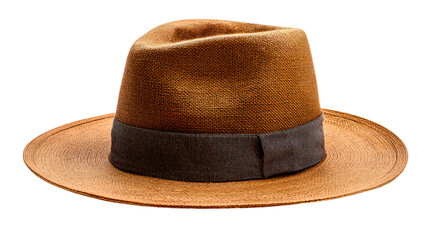 a brown hat with a black band on a white background