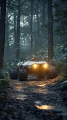 A futuristic off-road vehicle navigating a dense forest path.