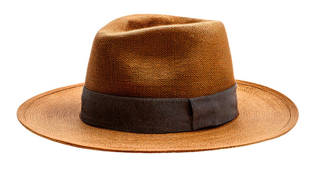 a brown hat with a black band on a white background