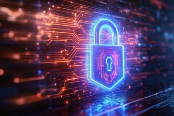 Glowing digital padlock symbol representing cybersecurity with circuit lines on dark reflective surface and orange-blue color contrast