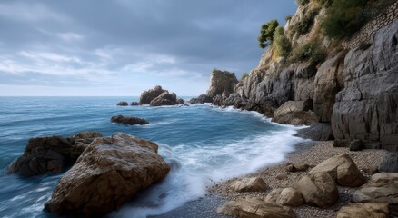 Serene Coastal Landscape with Rocky Shoreline and Turquoise Waters