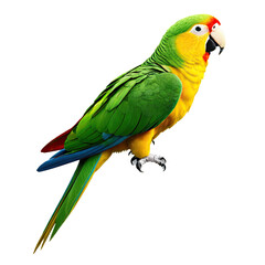 Obraz premium A vibrant parrot with yellow, green, and red feathers perched against a solid black background.