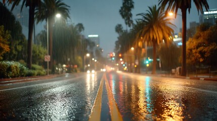 Rainy urban cityscape with palm trees