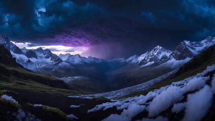 Snow Capped Mountains with Dramatic Stormy Skies and Light Effects
