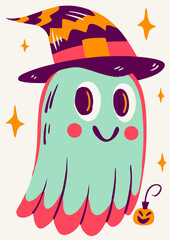 Cute Cartoon Ghost Wearing Witch Hat for Halloween