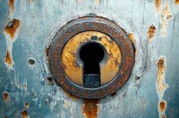 Close-up of a rusty, weathered keyhole on an old metal surface with peeling paint and corrosion