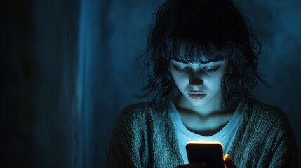 Woman Using Smartphone at Night, Moody Lighting for Social Media