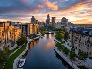 Obraz premium River reflects citys sunset glow
