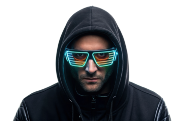 PNG Male in futuristic neon glasses with black hoodie, mysterious look