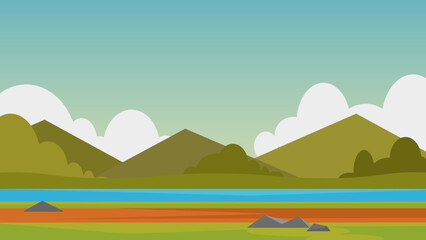 Colorful Summer Landscape with Mountains and River – Flat Vector Illustration