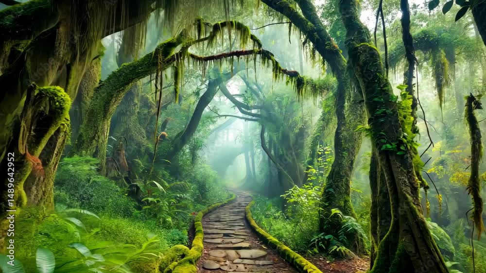 Poster Enchanted Forest Path A Mystical Journey Through Lush Greenery and Ancient Trees