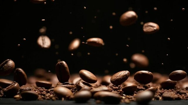 Floating Coffee Beans in Spotlight on Pitch Black