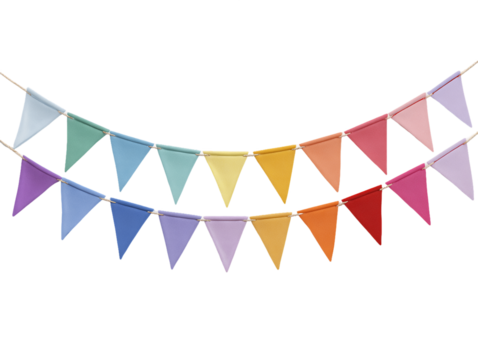 Rainbow Triangular Bunting Flags on Twine, PNG