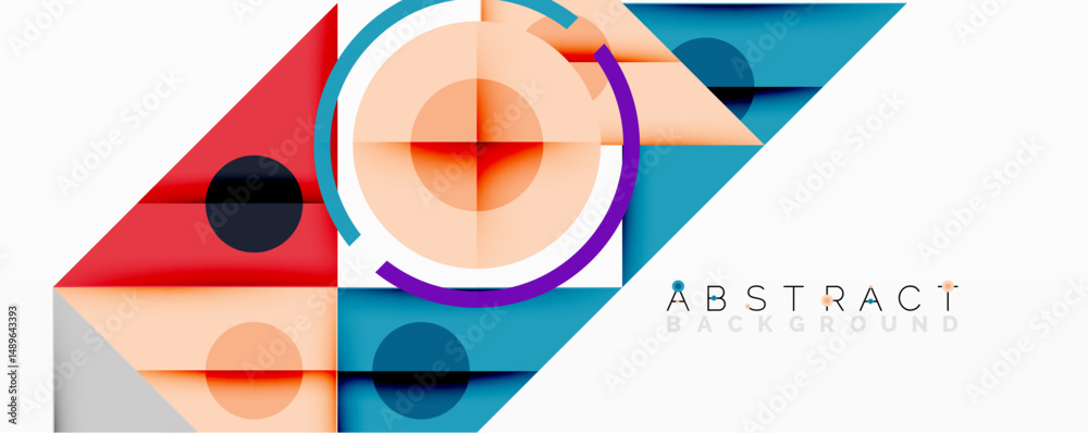 Poster Bright geometric shapes overlap, creating modern abstract background. Circles, squares, triangles form colorful design.