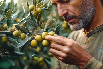 Middle-aged man carefully examining and touching green olives on olive tree branch outdoors with focused expression