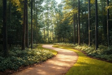 Fototapeta premium Sunlit winding dirt path through a dense green forest with tall trees and lush ground vegetation under a bright sky