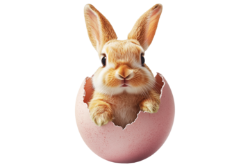 Adorable fluffy bunny peeking out from cracked egg isolated on white transparent background. Symbolizing Easter, spring, and new beginnings