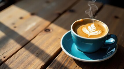 Aromatic Coffee with Latte Art in a Teal Cup on Wooden Table