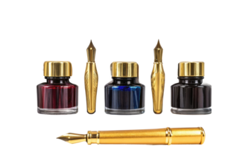 PNG Colorful ink jars and gold nibs for calligraphy art
