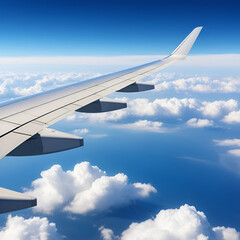Obraz premium Close-up view of a sleek airplane wing and fuselage reflecting sunlight while flying high above fluffy white clouds in a bright blue sky. Concept of aviation. Ai generative